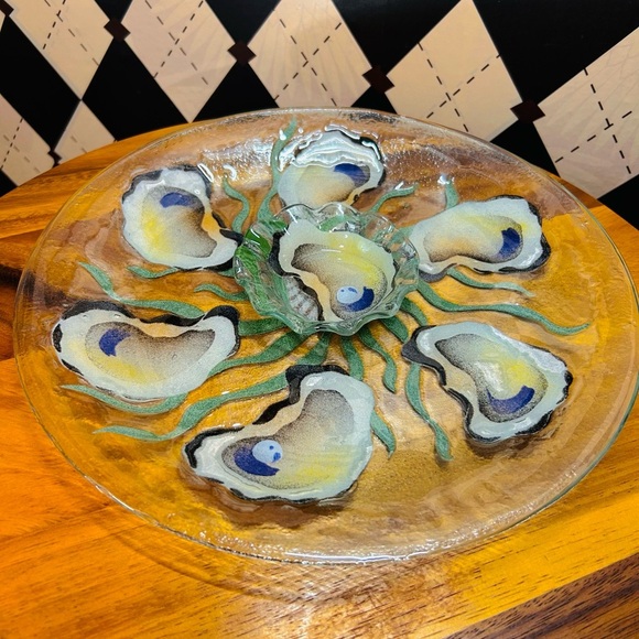Vintage Other - Oyster Shell Motif Fused Glass Platter & Bowl Set — Iridescent Coastal Art Glass